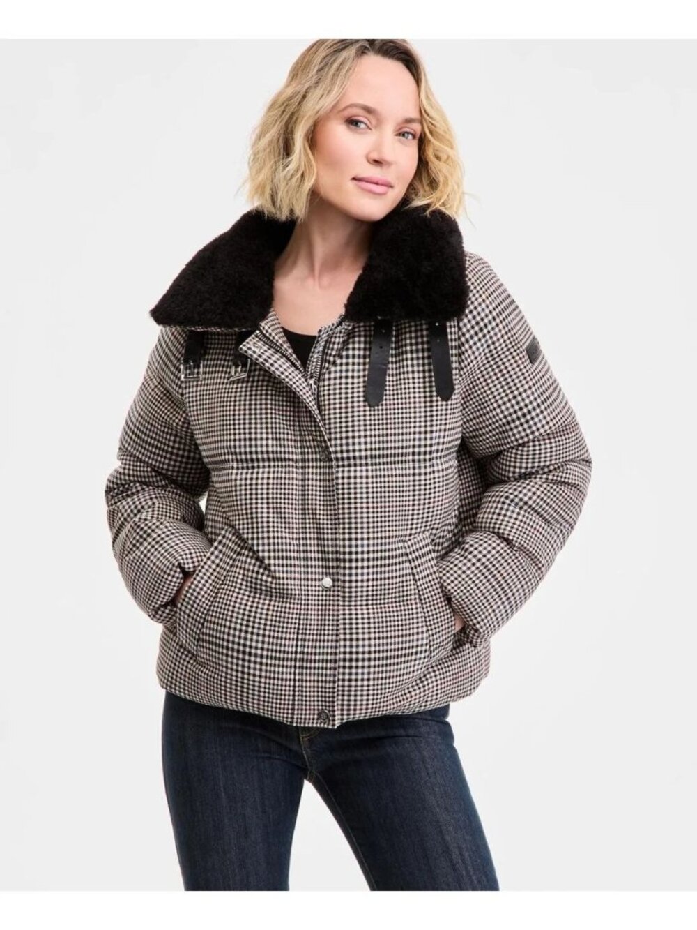 NWT DKNY Faux Fur Collar Zip Front Puffer Coat Heritage Plaid Womens Size Large